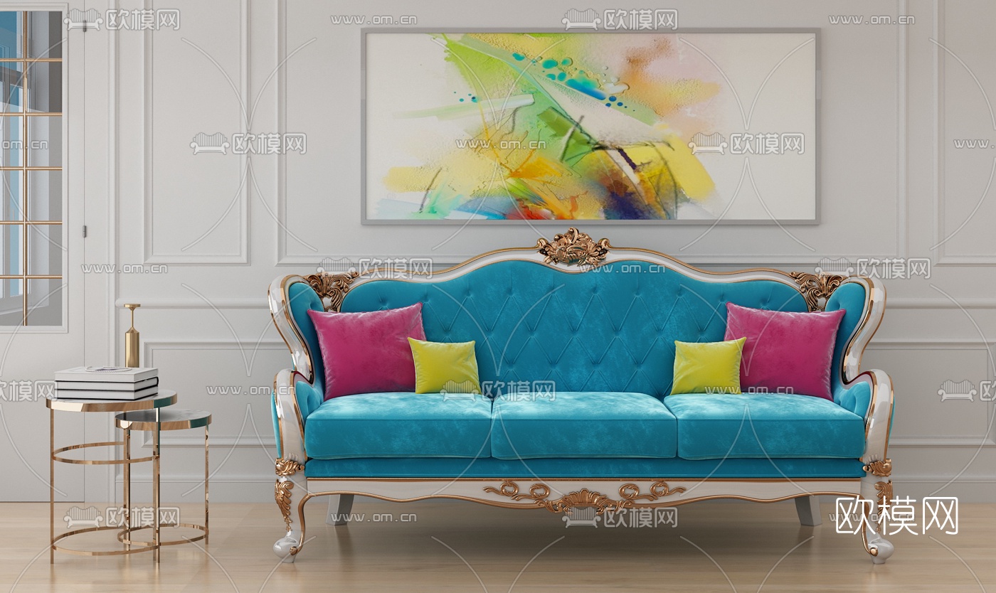 欧式绒布多人沙发 三人沙发3d模型下载