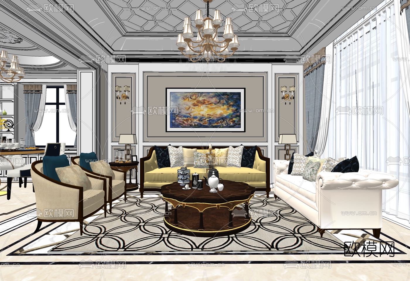 美式轻奢客厅餐厅su模型