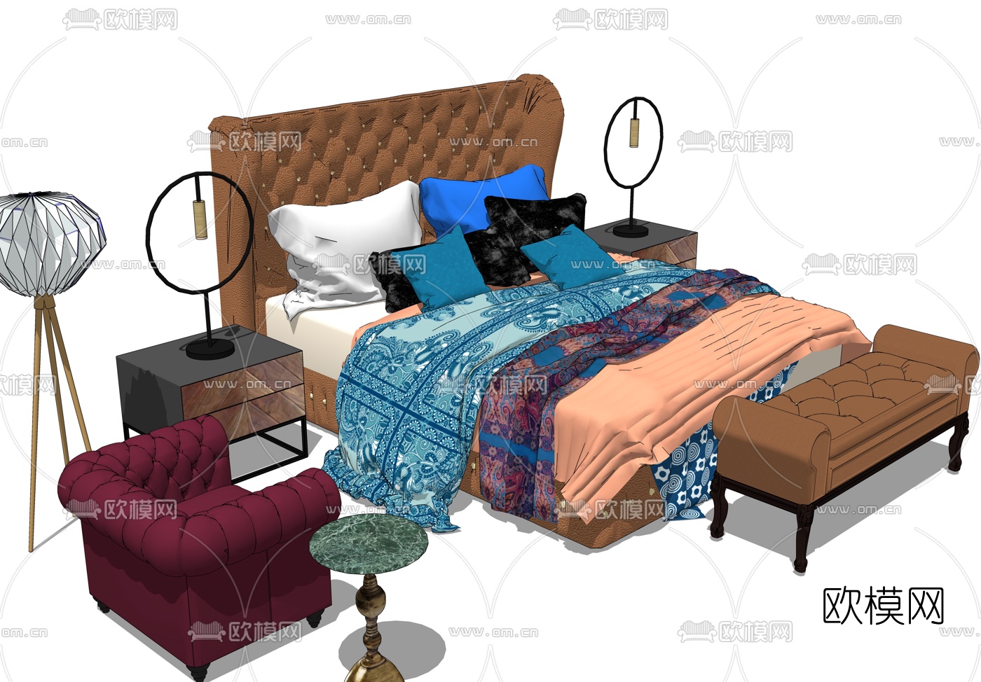 欧式皮革双人床su模型下载（渲染图2）