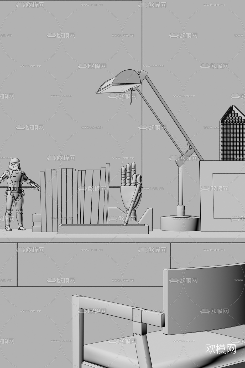 葛亚曦 现代书桌椅摆件组合3D模型下载（渲染图2）