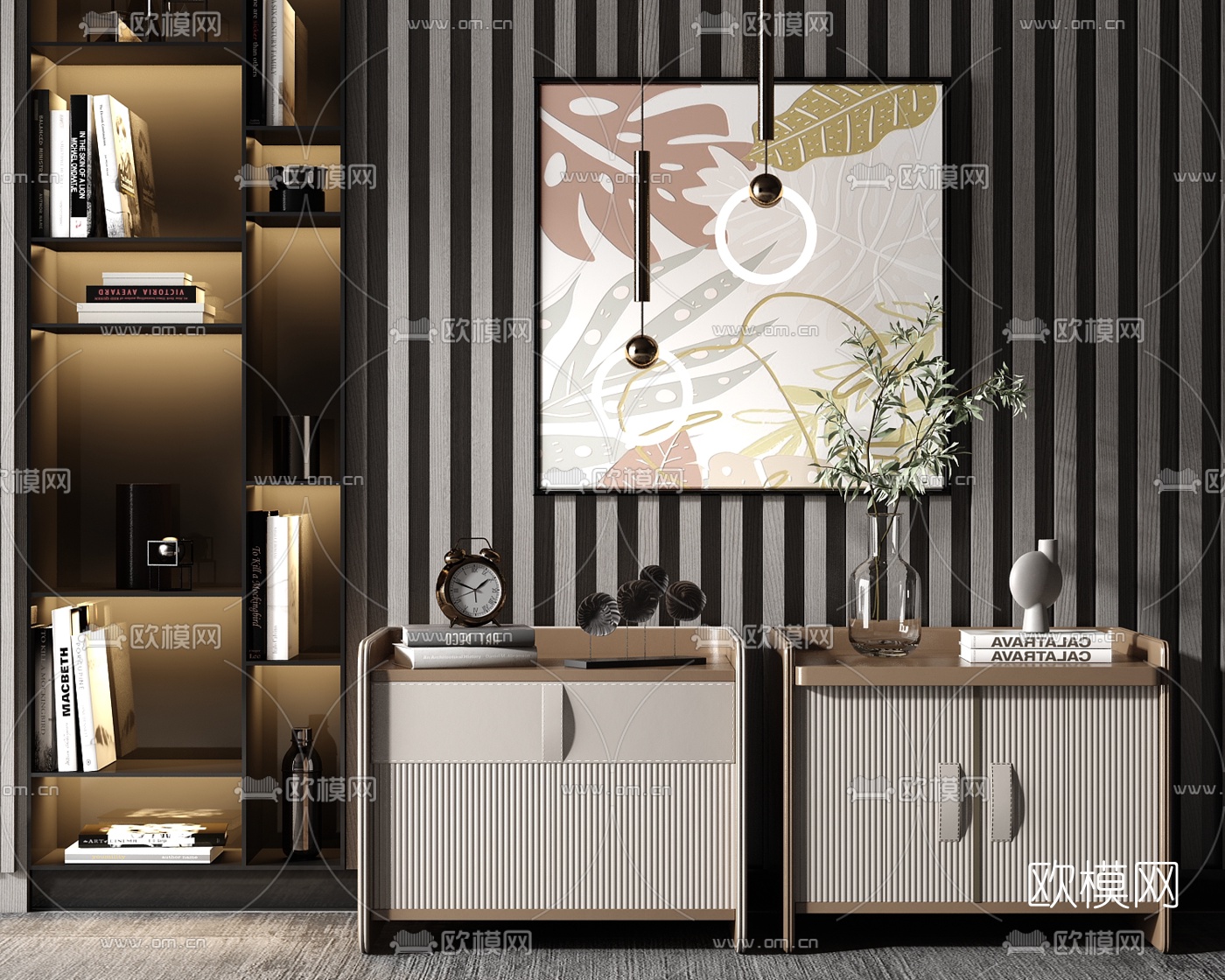 新中式轻奢床头柜su模型下载（渲染图1）