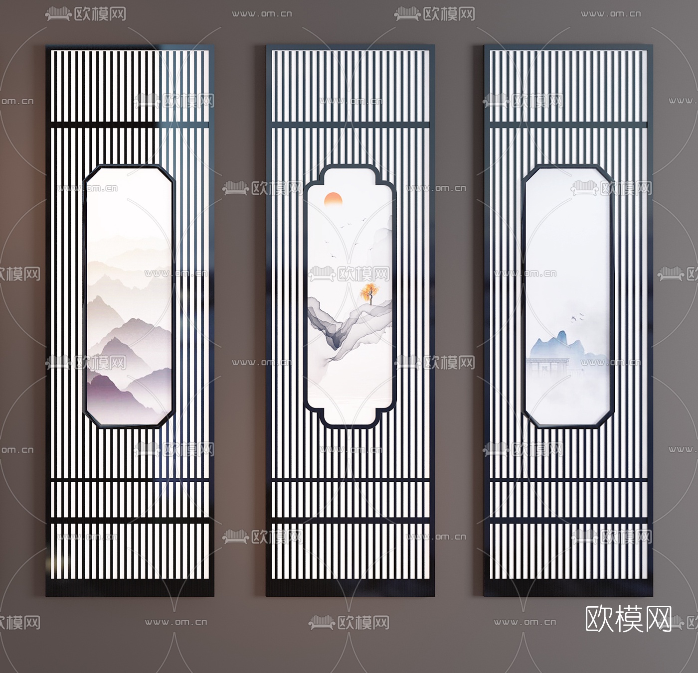新中式实木梅花水墨屏风隔断3d模型下载（渲染图3）