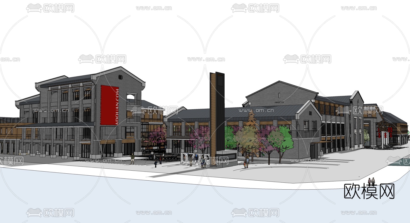 中式民俗商业街设计su模型下载（渲染图1）