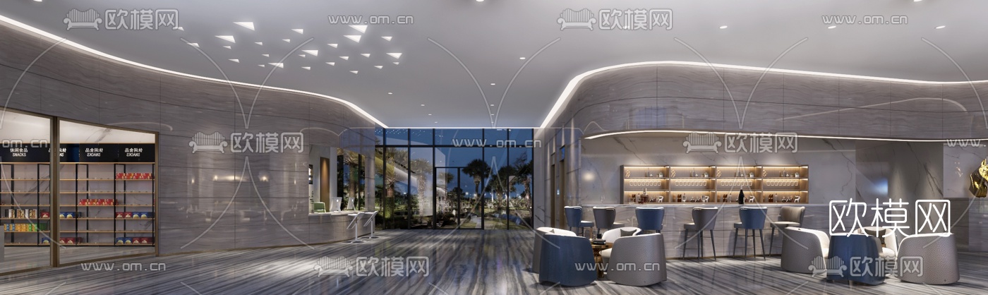 现代轻奢大堂吧3d模型下载（渲染图2）