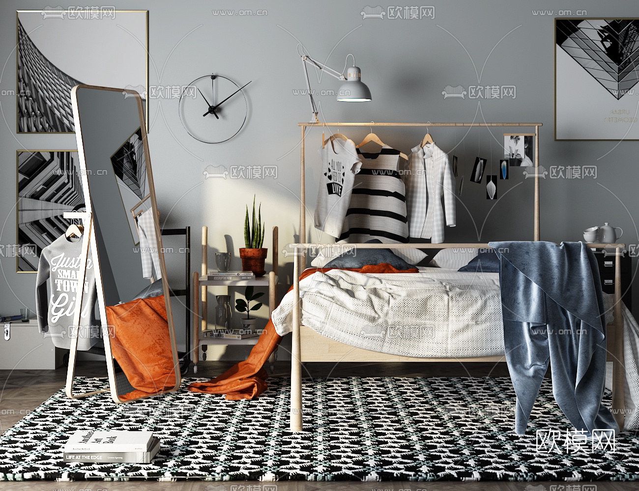 北欧双人床床头柜组合3D模型下载