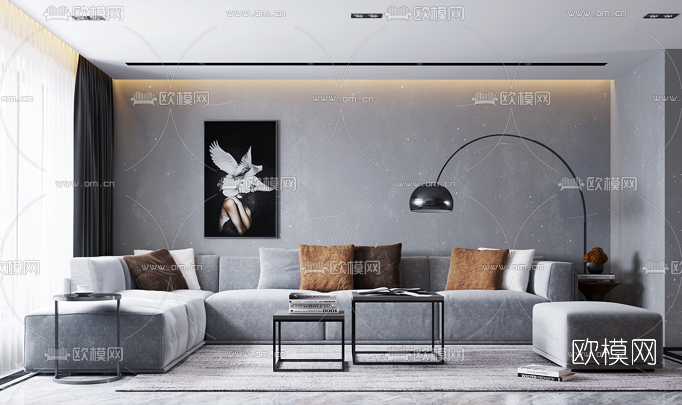 现代布艺沙发组合su模型下载（渲染图2）