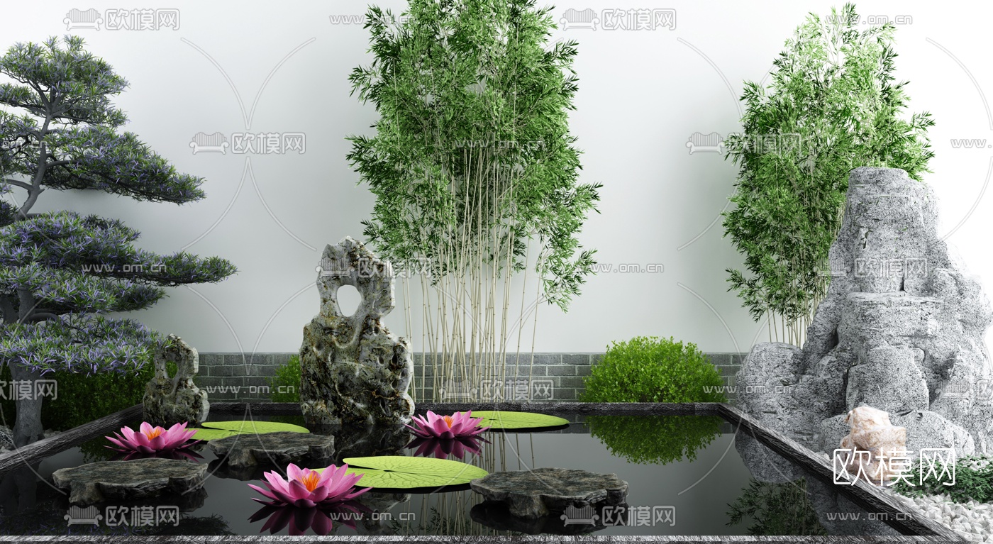 新中式假山荷花水景小品3d模型下载