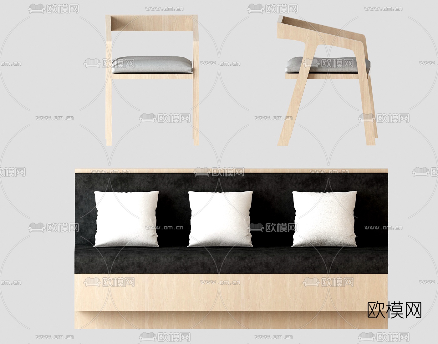 北欧实木卡座沙发单椅组合3d模型下载