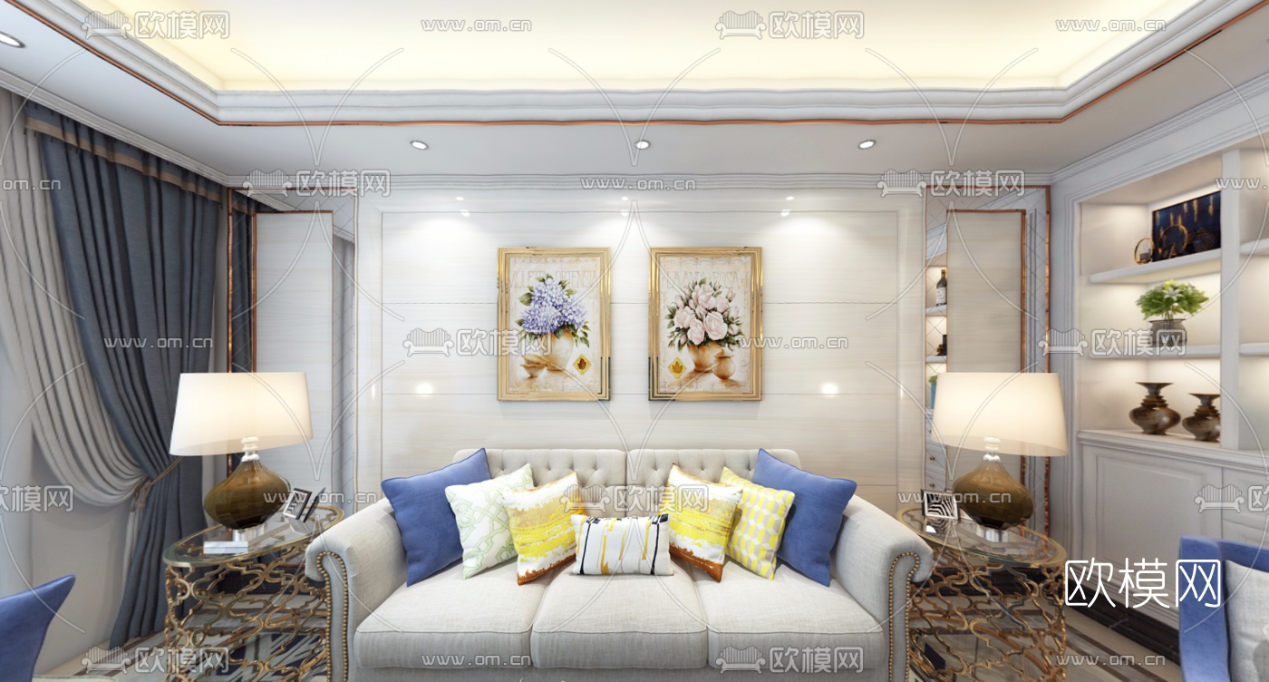 简欧客厅餐厅全景3D模型-免费3dmax模型库-欧模网