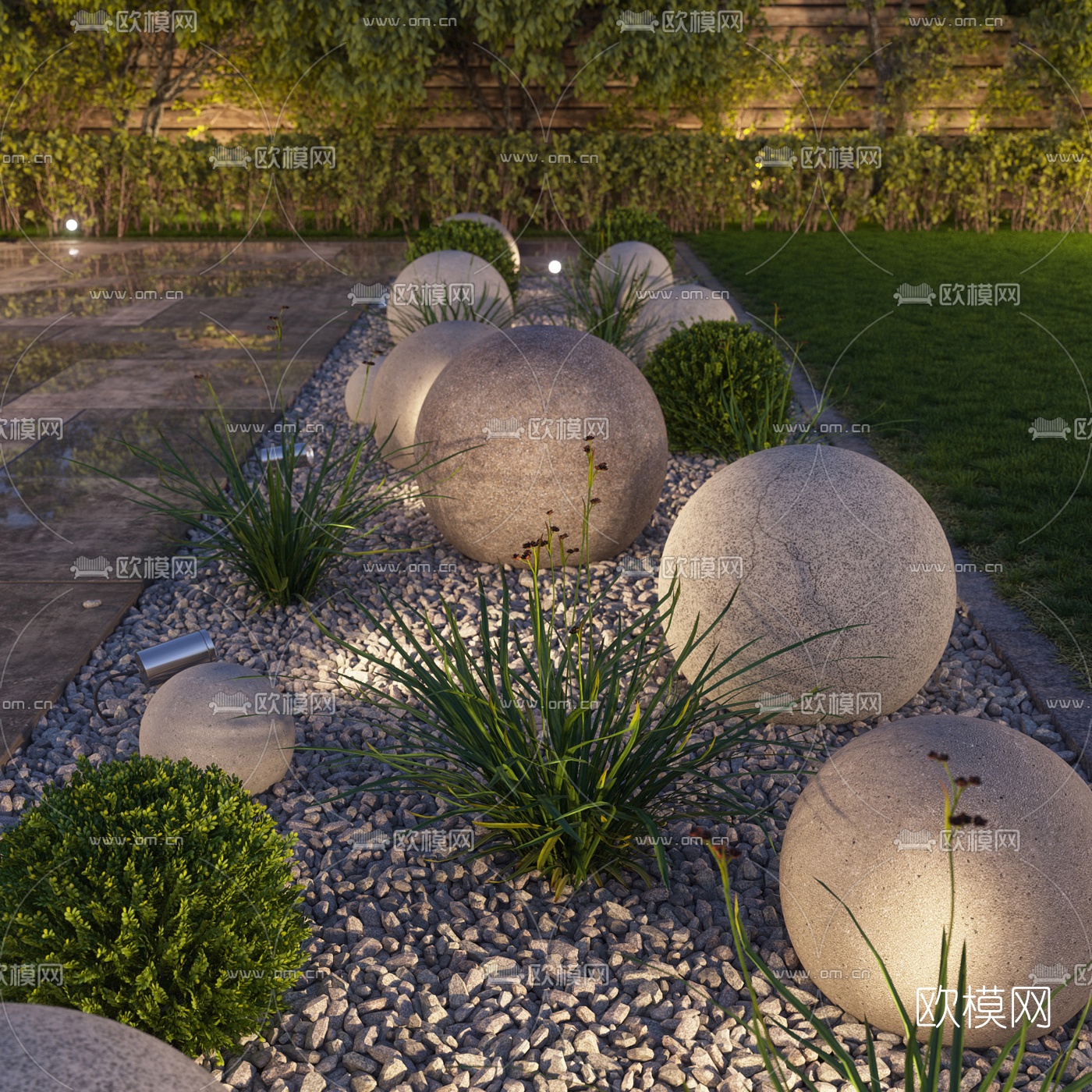 现代水泥圆石园艺小品模型下载（渲染图1）