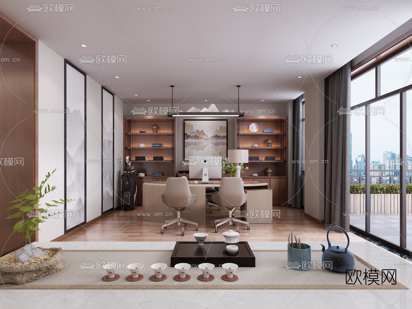 新中式总经理办公室3d模型-免费3dmax模型库-欧模网