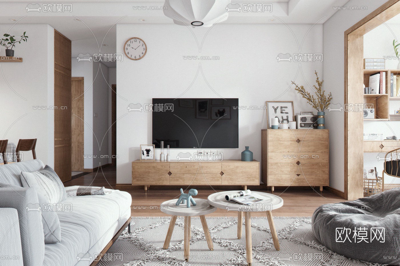 日式客厅餐厅3d模型下载（渲染图3）