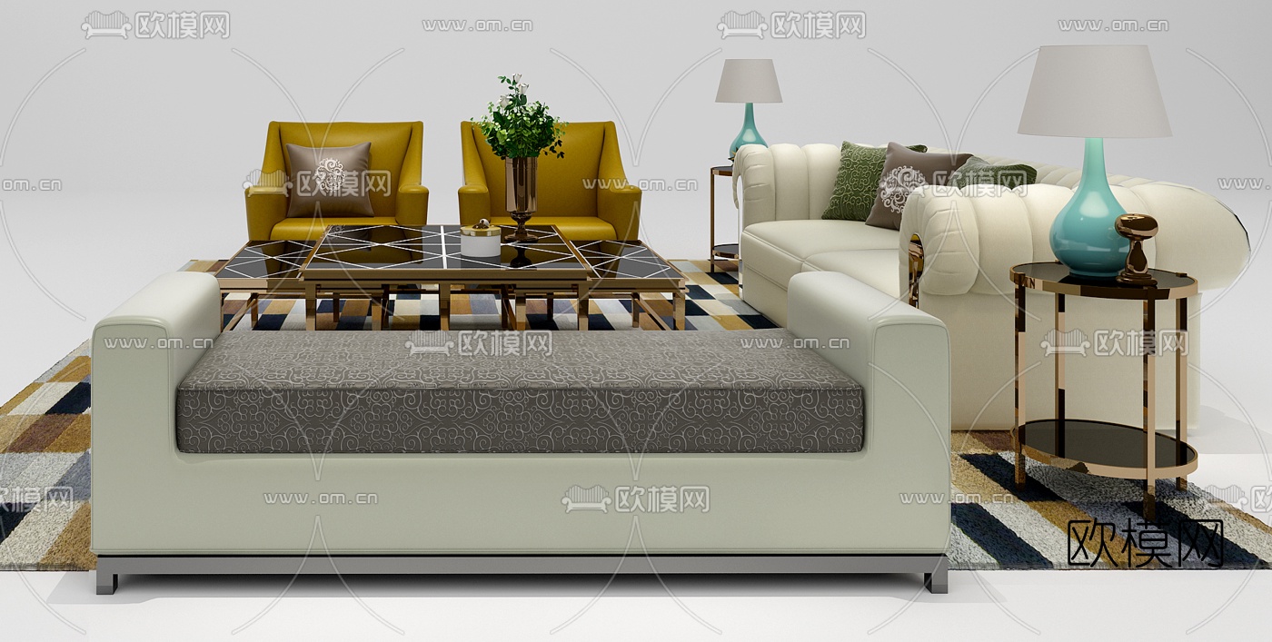 现代沙发茶几圆几组合3D模型