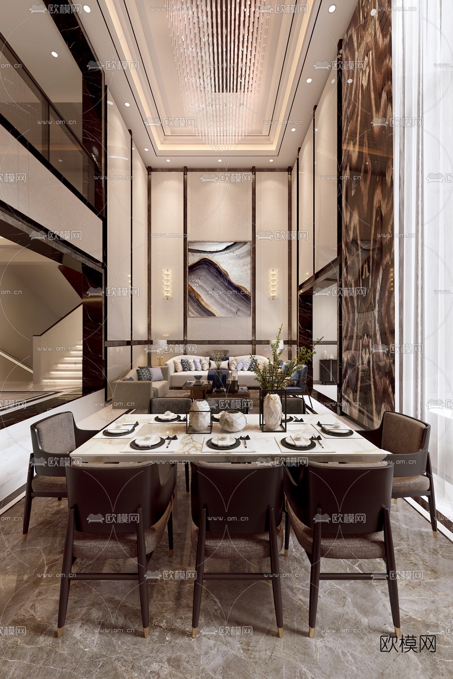 现代轻奢别墅客厅餐厅3d模型下载