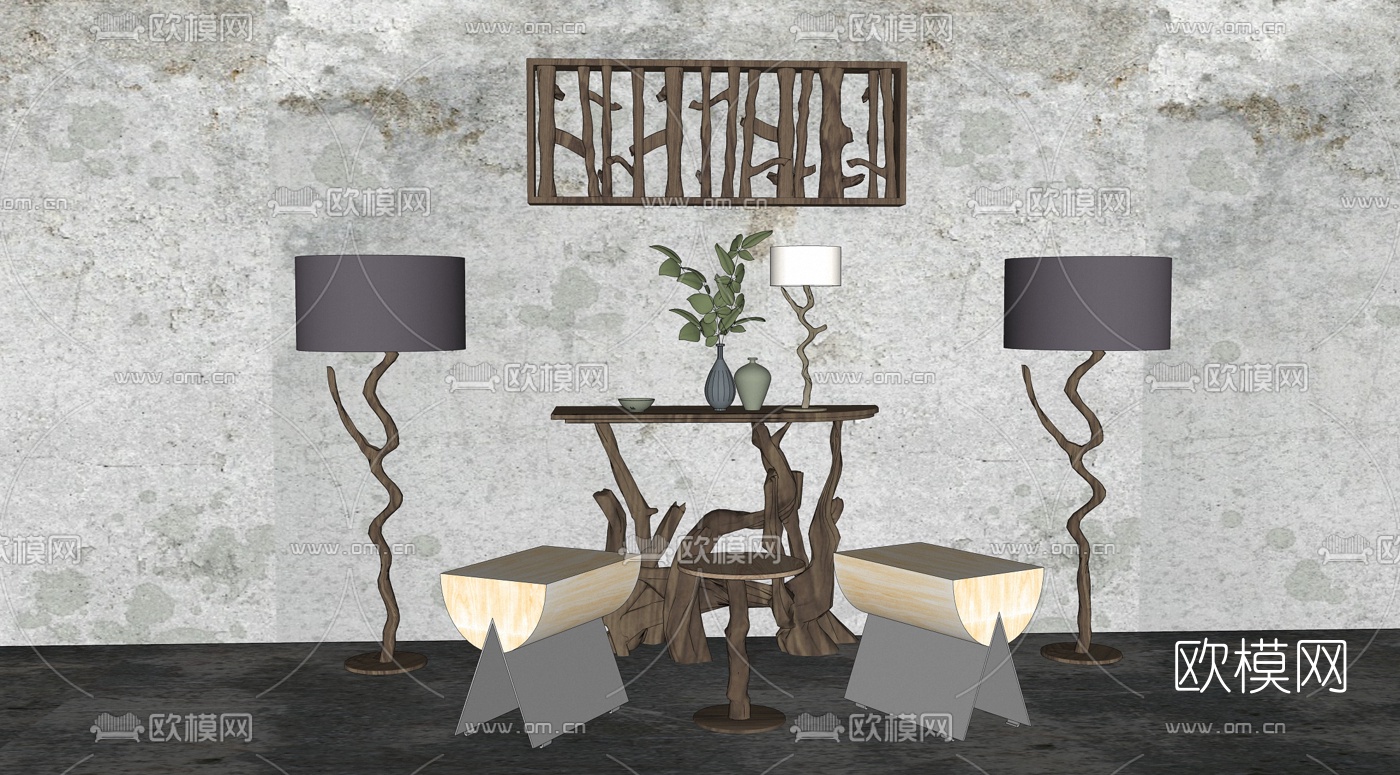 自然风端景条案组合su模型下载（渲染图2）