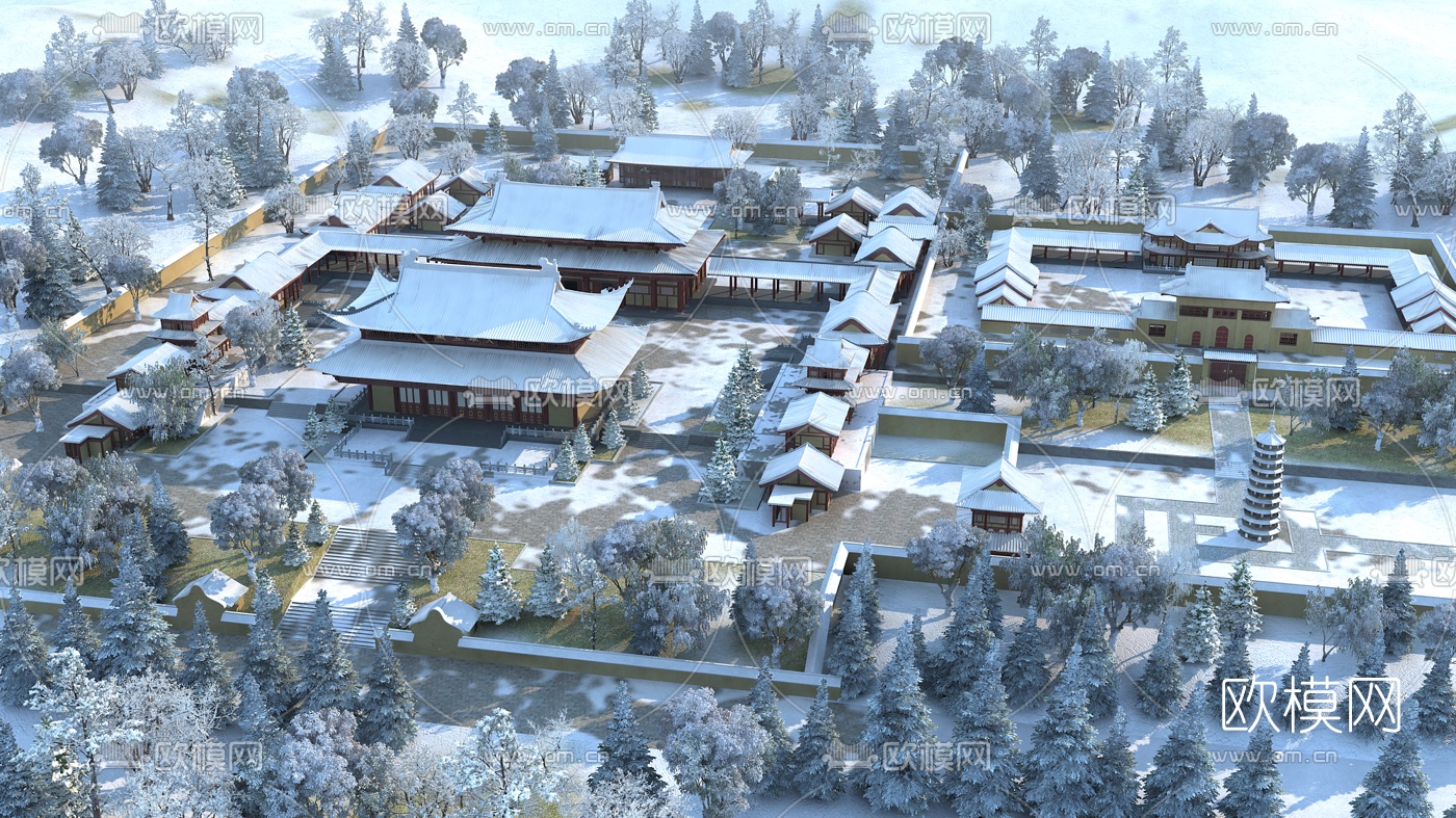 中式古建寺廟雪景3d模型