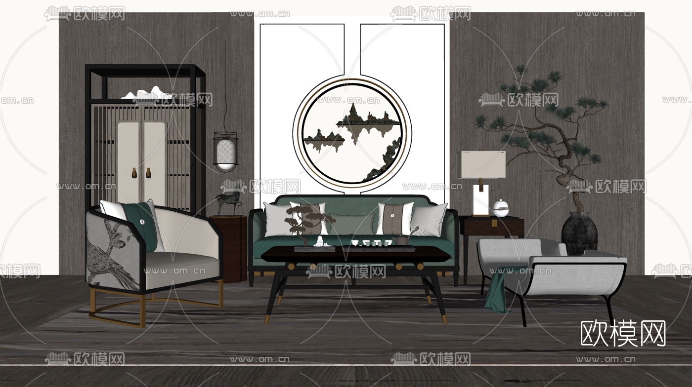 新中式布艺沙发组合su模型下载