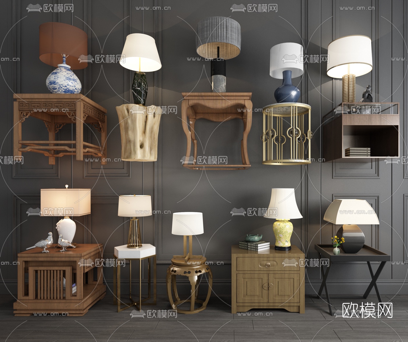 新中式边几圆几床头柜3d模型下载