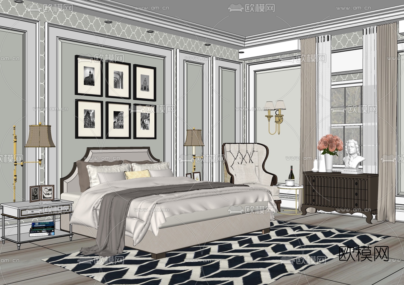 美式卧室主人房su模型下载
