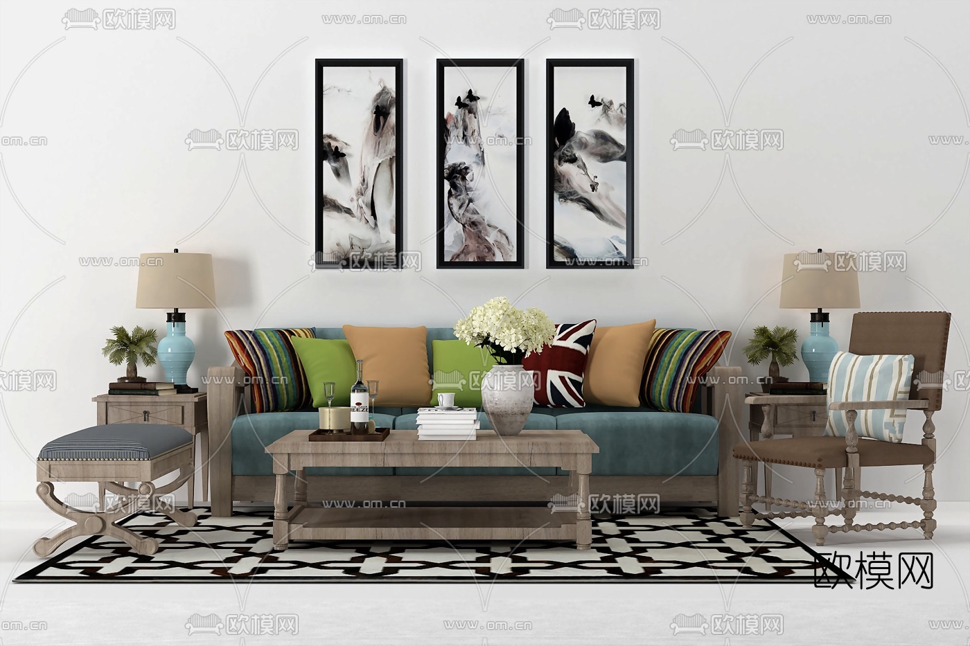 美式布艺沙发休闲椅茶几角几台灯组合3D模型下载
