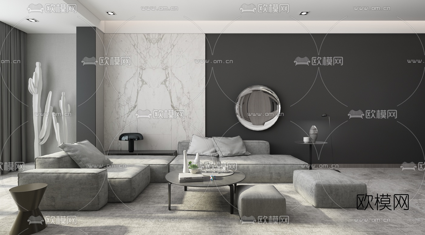 现代高级灰客厅餐厅3d模型