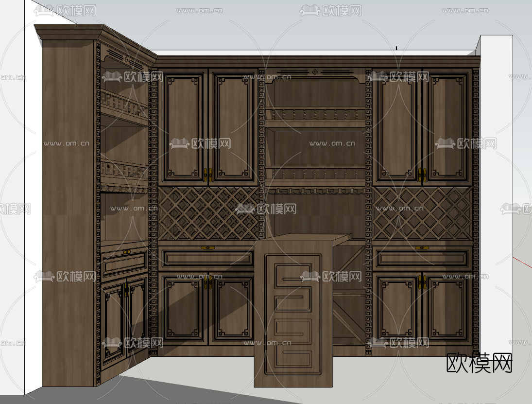 中式转角酒柜su模型下载（渲染图2）