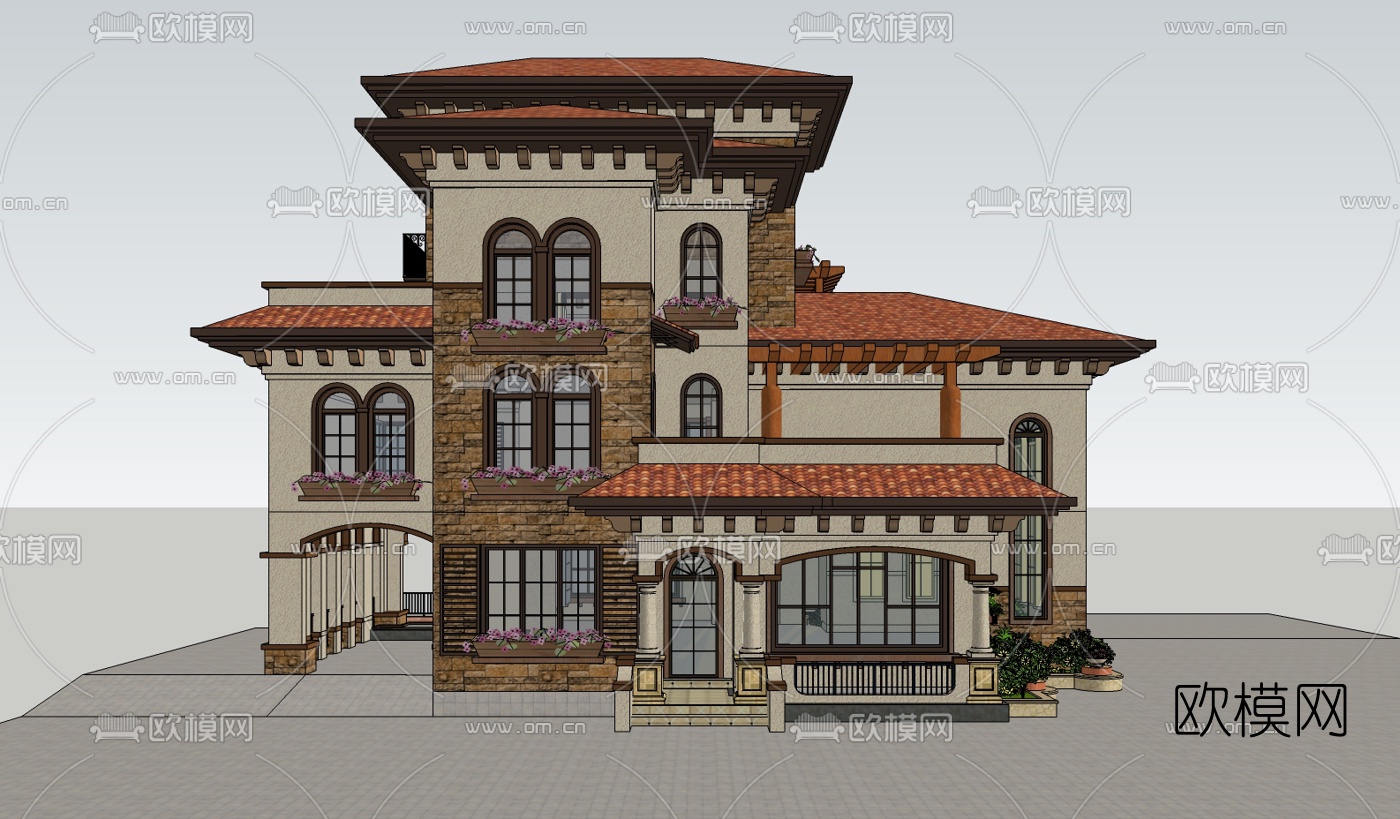 欧式独栋别墅su模型下载（渲染图3）