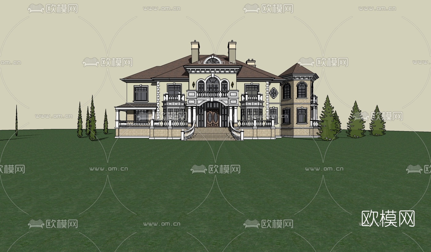 欧式独栋别墅su模型下载（渲染图1）