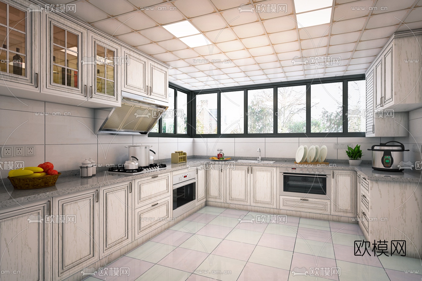 美式厨房橱柜餐具3D模型下载_ID10452761_3dmax免费模型-欧模网
