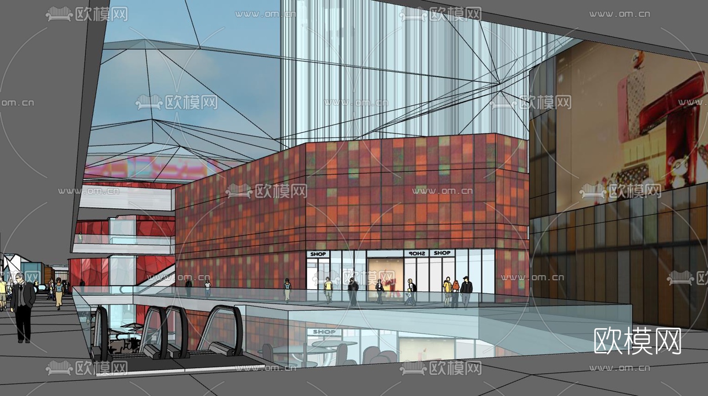 现代商业街su模型下载（渲染图2）