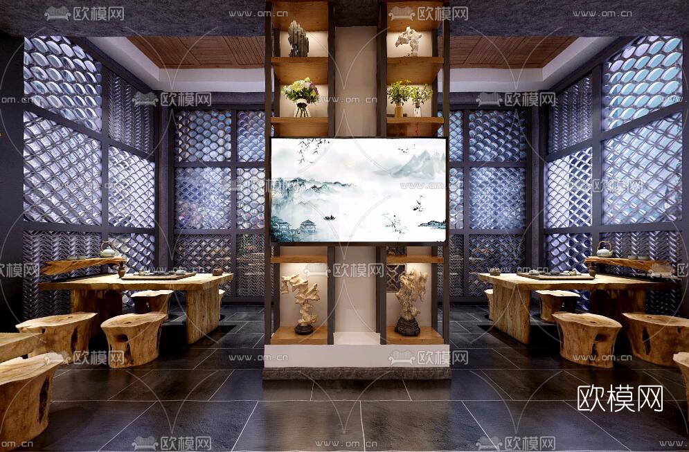 新中式茶馆全景3D模型-免费3dmax模型库-欧模网