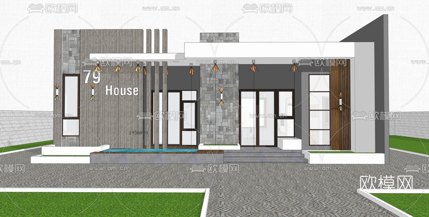 现代独栋别墅外观su模型下载（渲染图2）