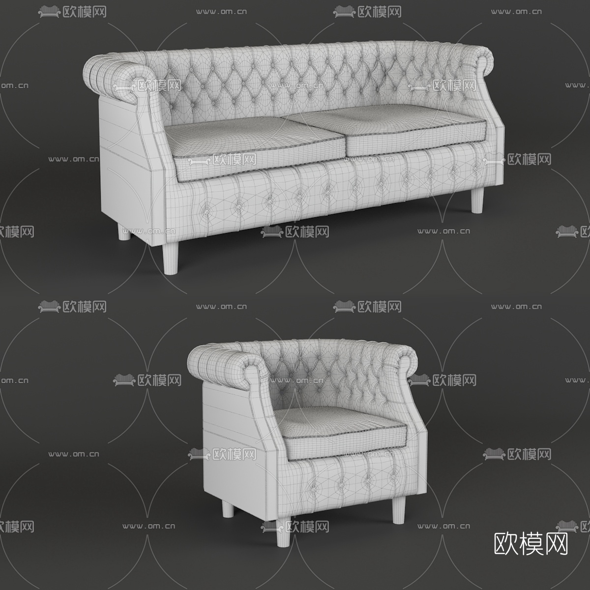 欧式皮革双人沙发3d模型下载（渲染图3）