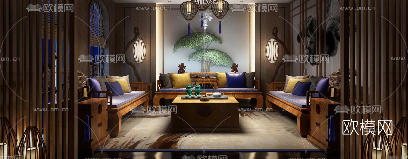 新中式奢华会客室3d模型下载（渲染图3）