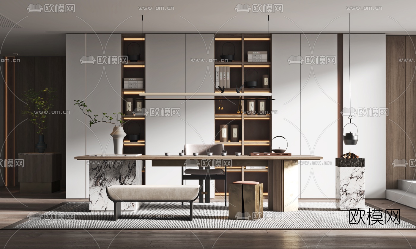 新中式大理石茶桌椅3d模型下载