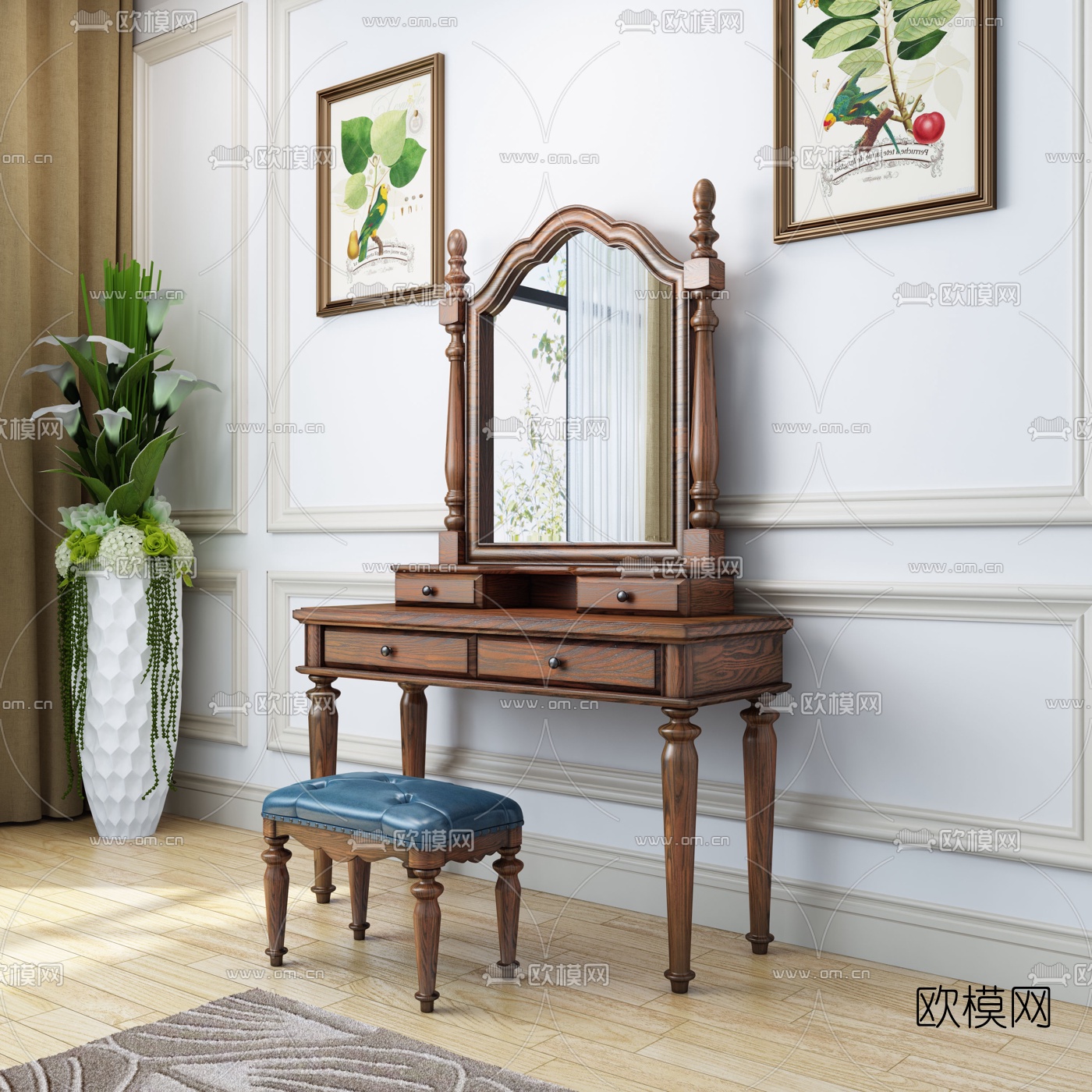美式实木梳妆台3d模型下载（渲染图2）