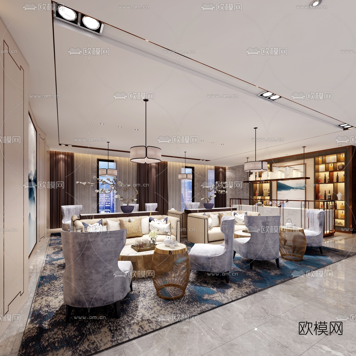 新中式售楼部处前台洽谈区3d模型