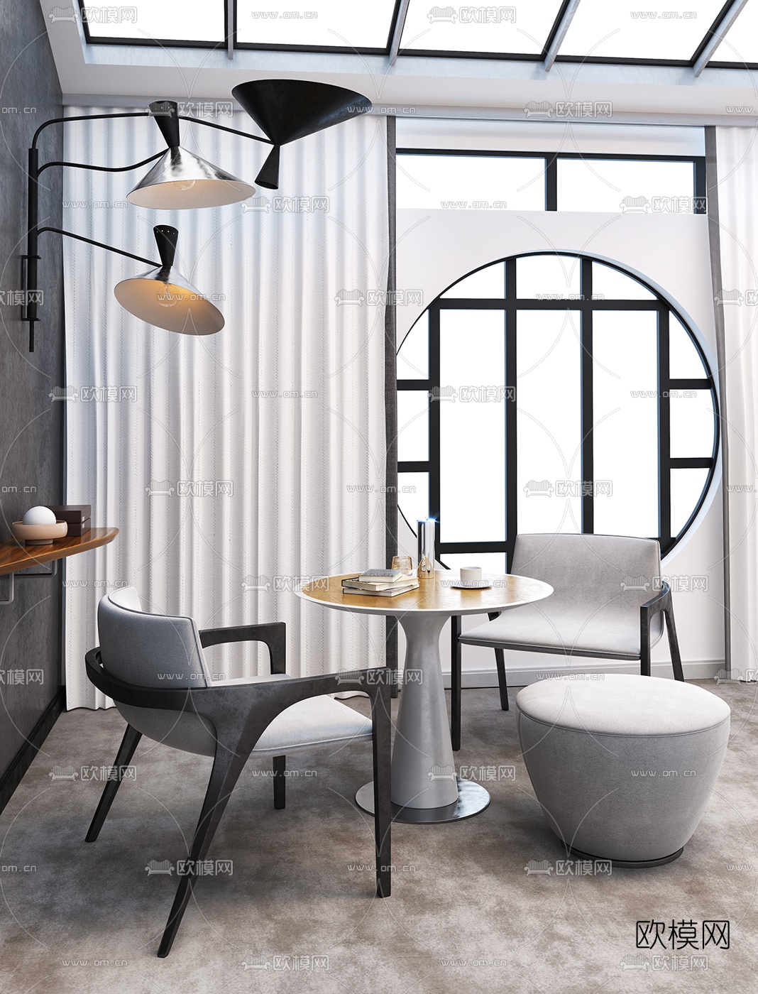 现代圆桌椅壁灯屏风组合3D模型下载