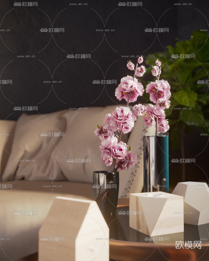后现代双人沙发茶几吊灯摆件组合3D模型