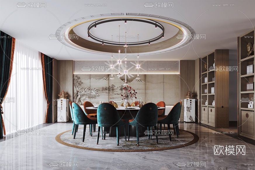 新中式酒店餐厅包间3d模型下载(渲染图1)