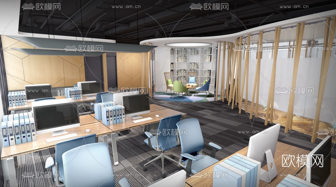 现代敞开式办公室3d模型-免费3dmax模型库-欧模网