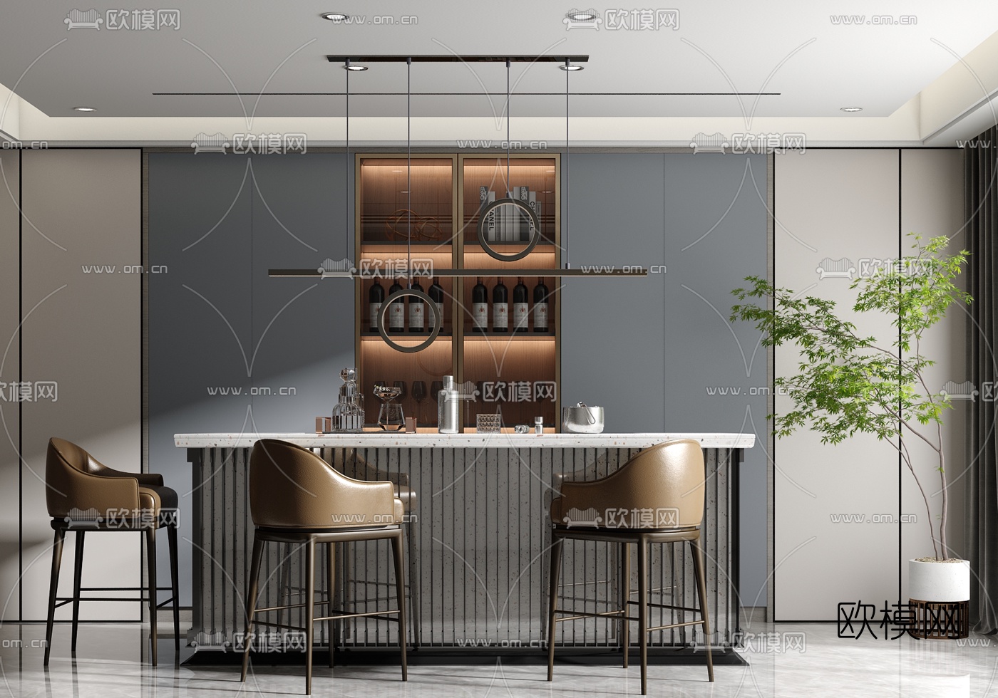 现代大理石吧台吧台椅3d模型下载