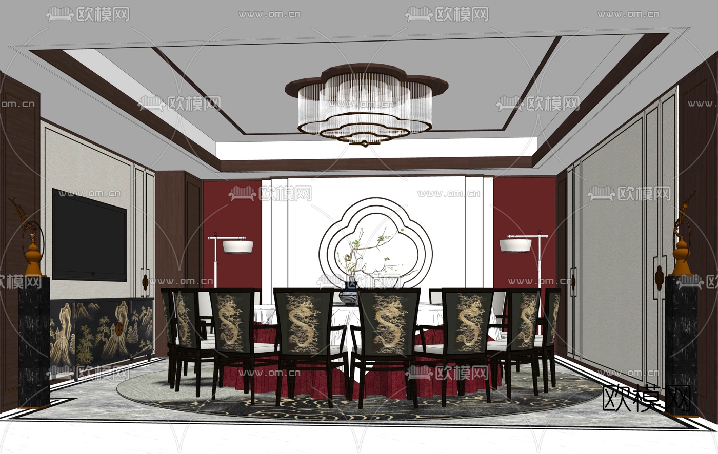 新中式餐厅包厢su模型下载（渲染图1）