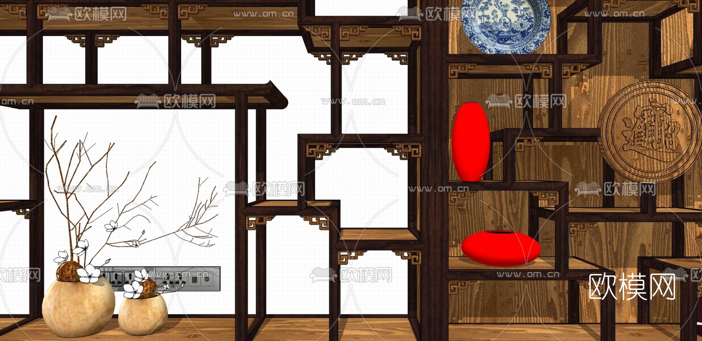 中式博古架装饰柜su模型下载（渲染图2）