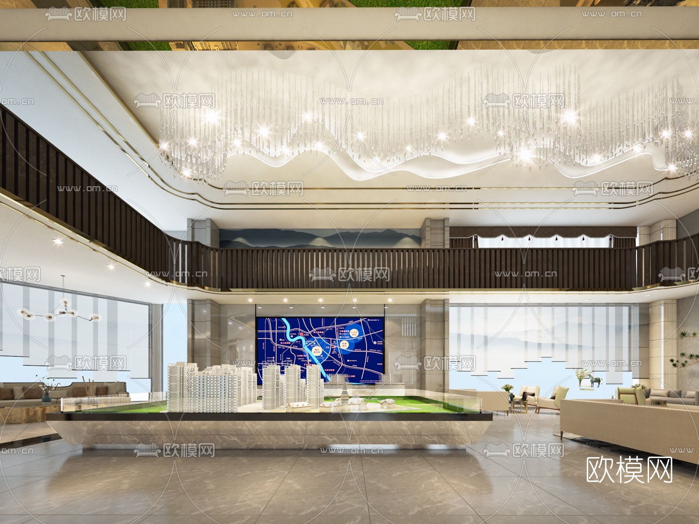 现代售楼中心大堂沙盘展示洽谈区3d模型