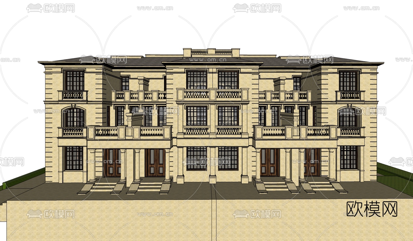 欧式古典连排别墅su模型下载（渲染图4）