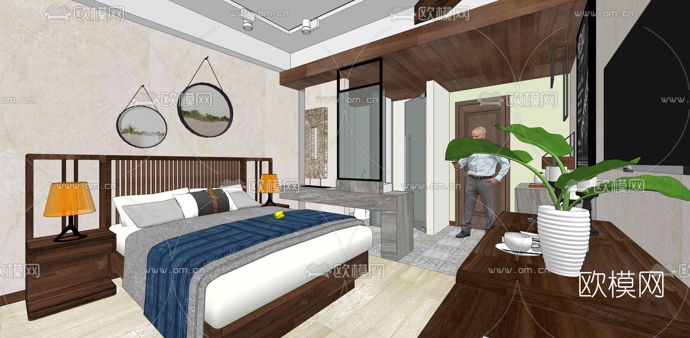 中式卧室主人房su模型下载（渲染图3）