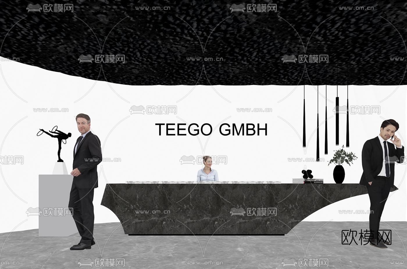 现代大理石办公前台su模型下载（渲染图2）