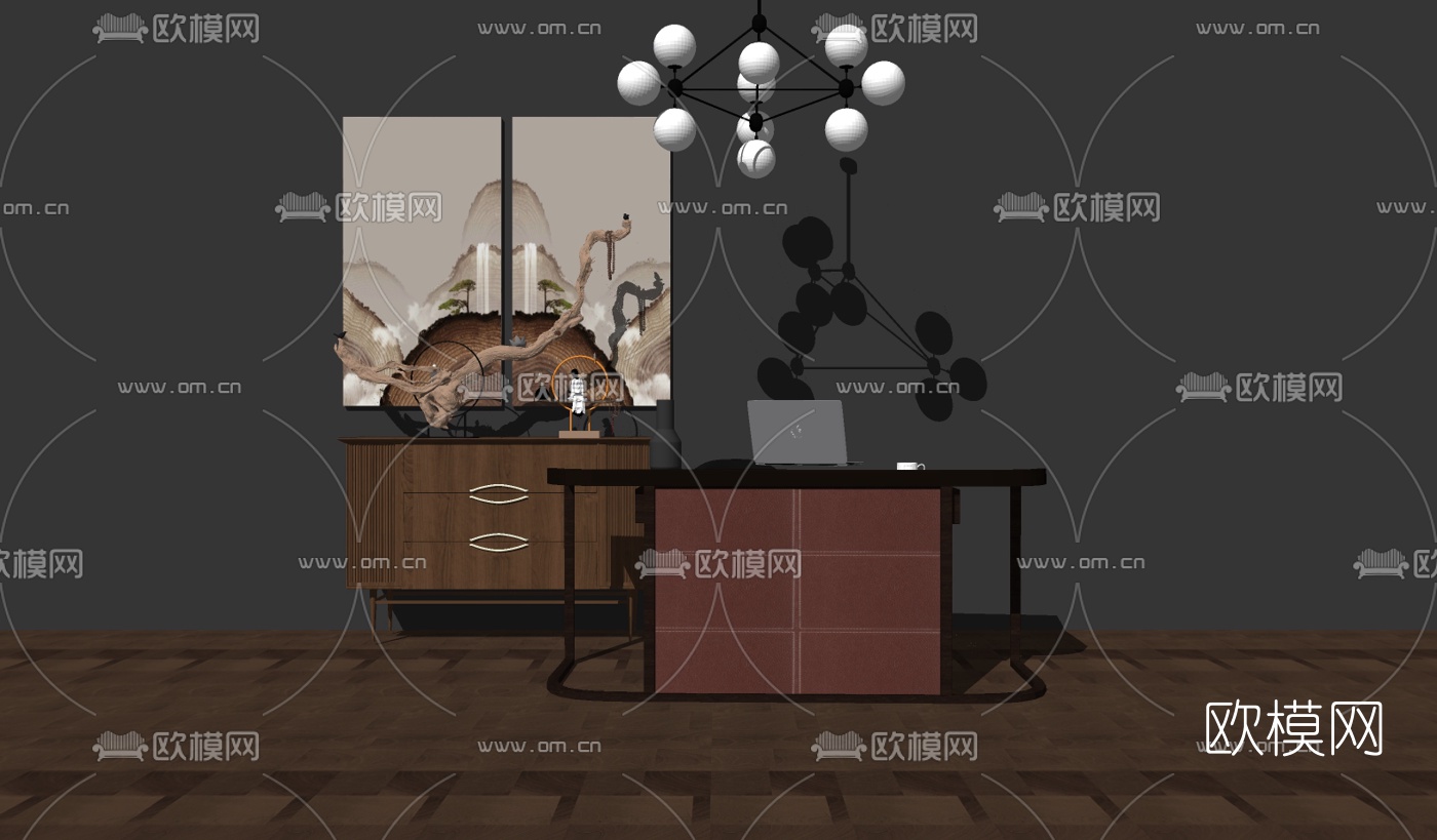 新中式书桌椅组合su模型下载（渲染图2）