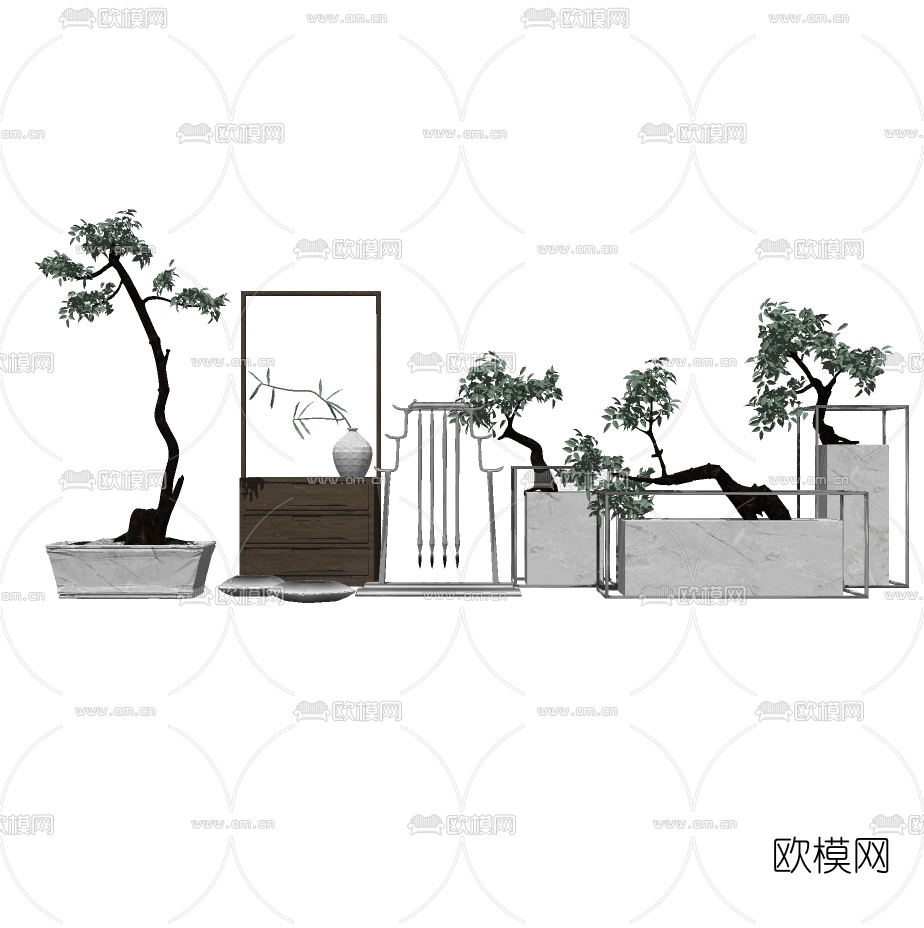 新中式盆栽摆件组合su模型下载（渲染图2）
